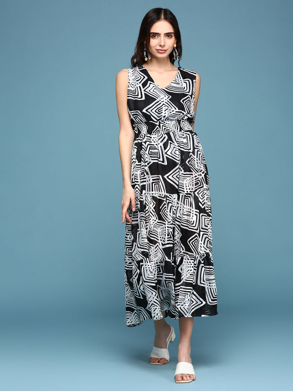 Women's Black Floral Chiffon A-Line Midi Dress
