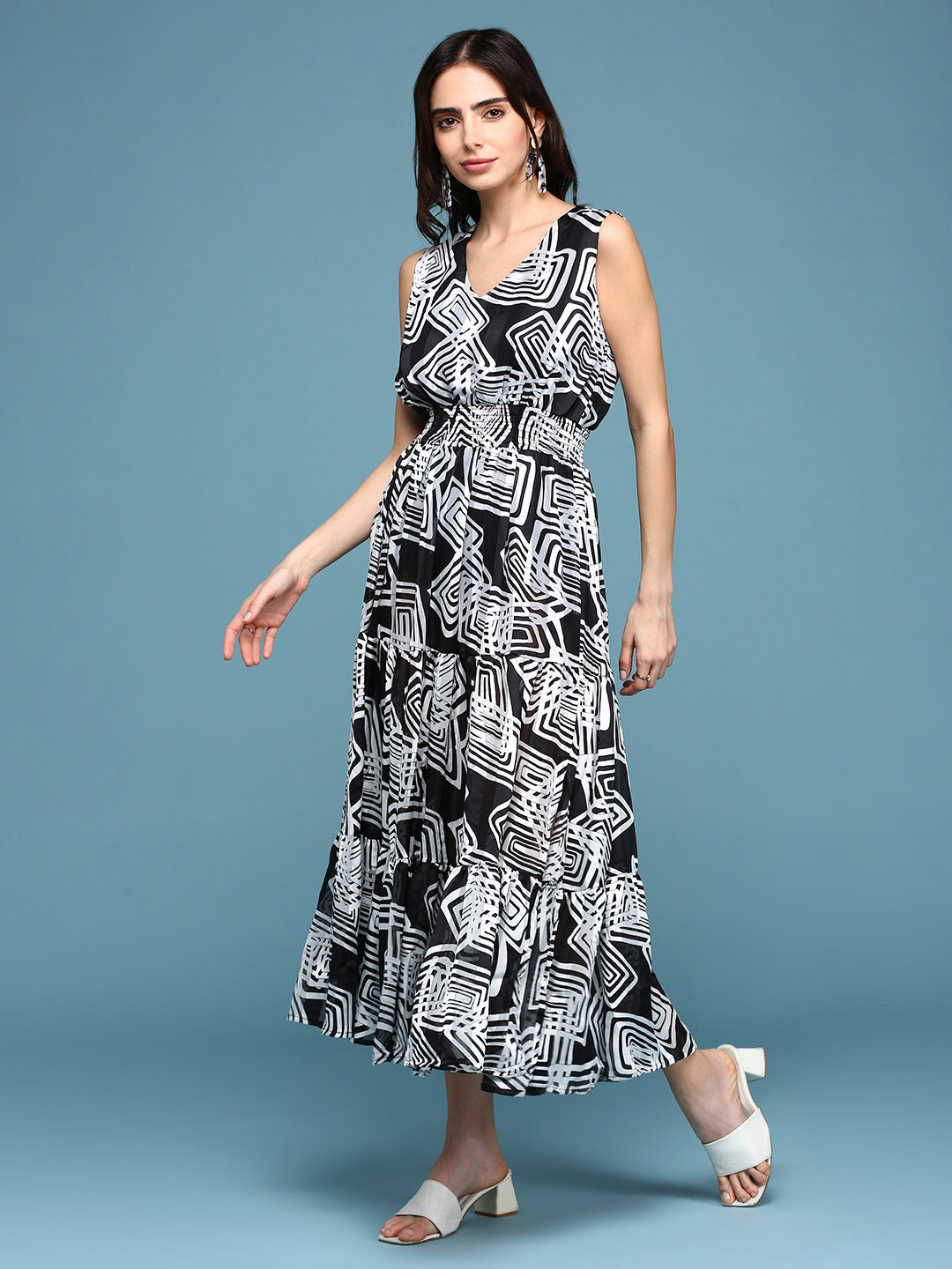 Women's Black Floral Chiffon A-Line Midi Dress