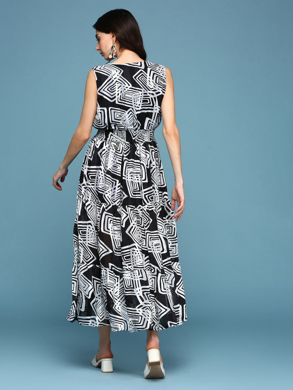 Women's Black Floral Chiffon A-Line Midi Dress