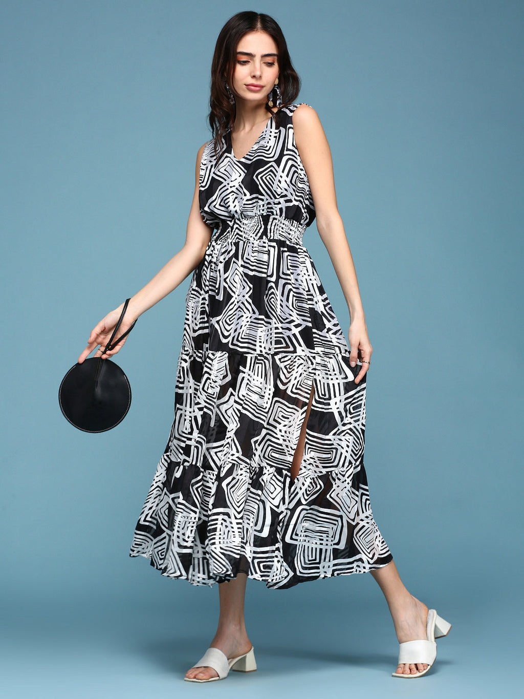 Women's Black Floral Chiffon A-Line Midi Dress