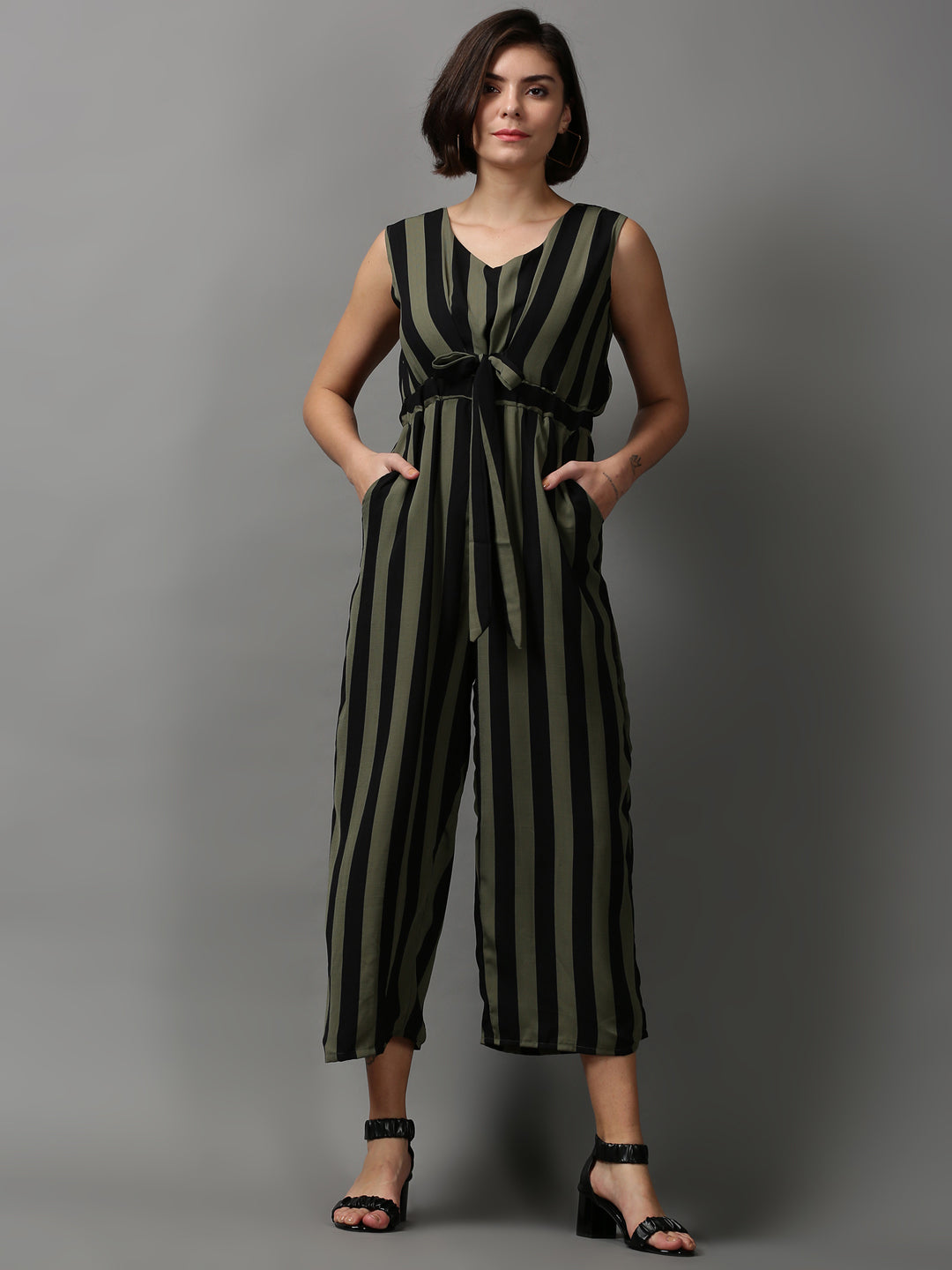 Women's Olive Striped Basic Jumpsuit