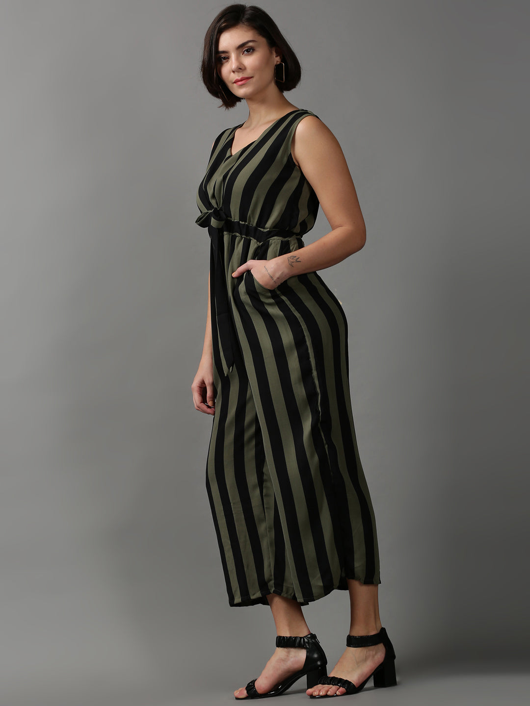 Women's Olive Striped Basic Jumpsuit