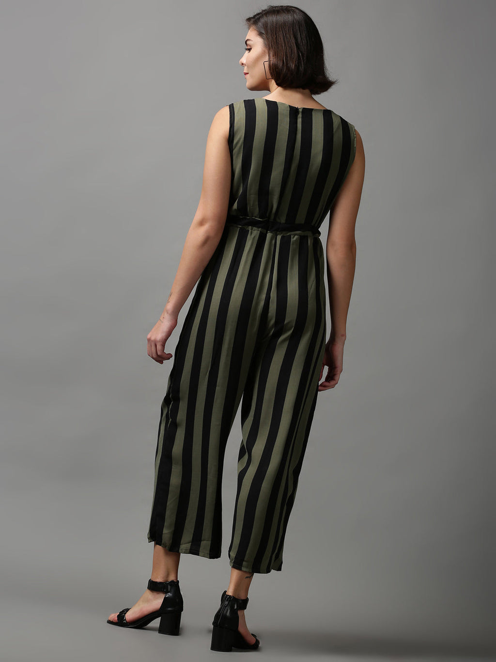 Women's Olive Striped Basic Jumpsuit