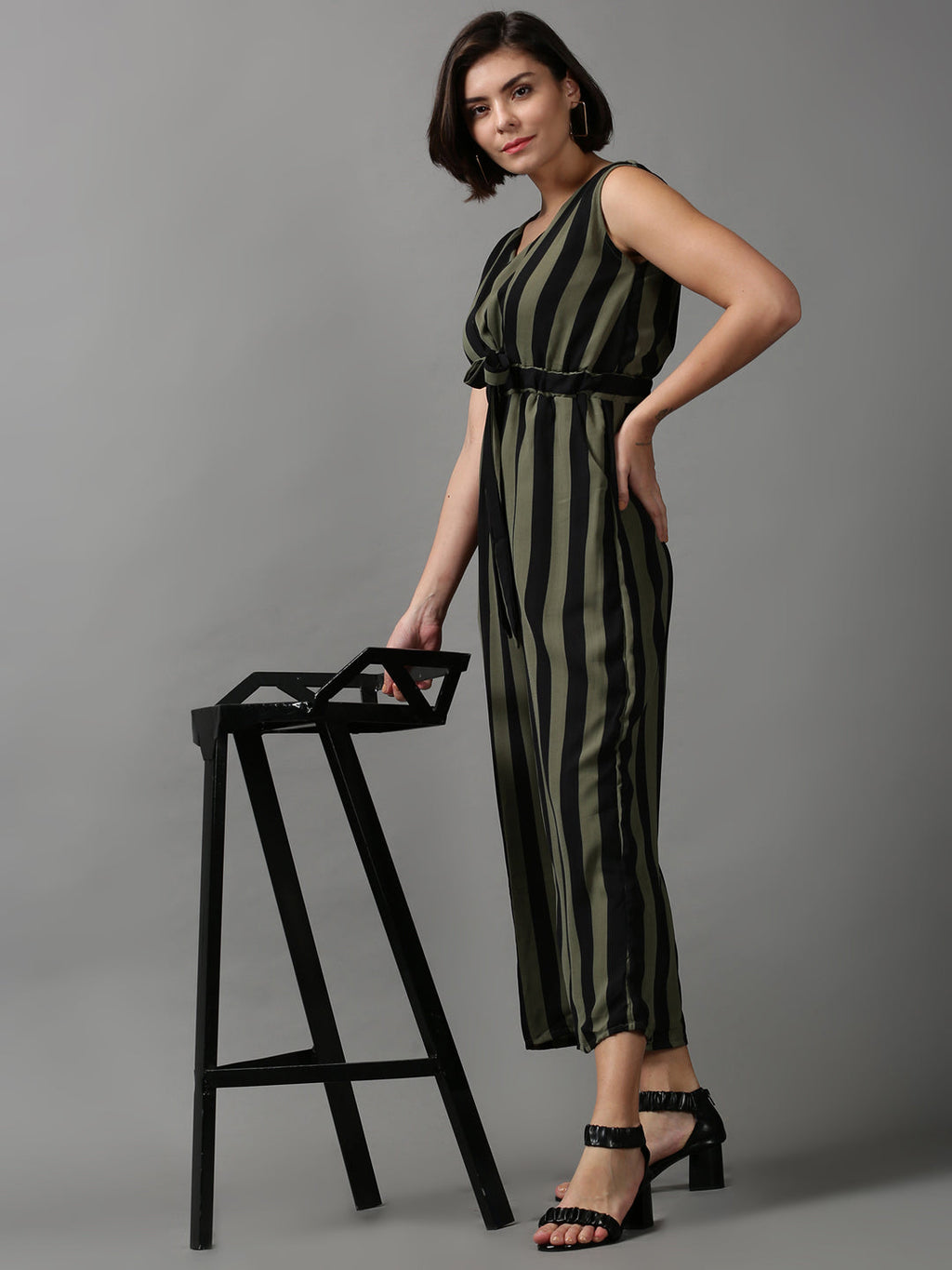 Women's Olive Striped Basic Jumpsuit
