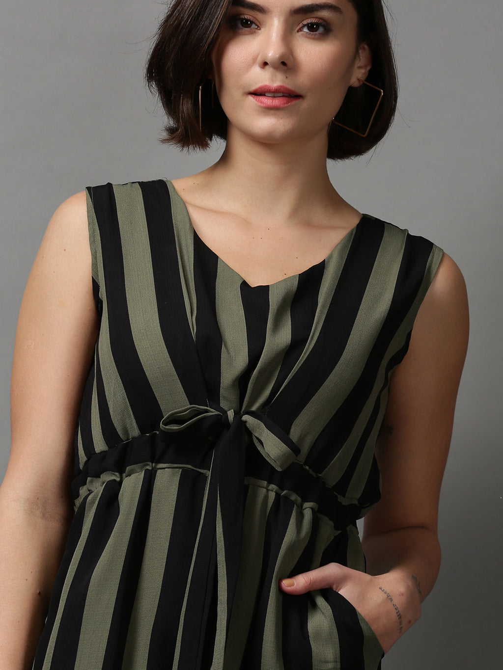 Women's Olive Striped Basic Jumpsuit