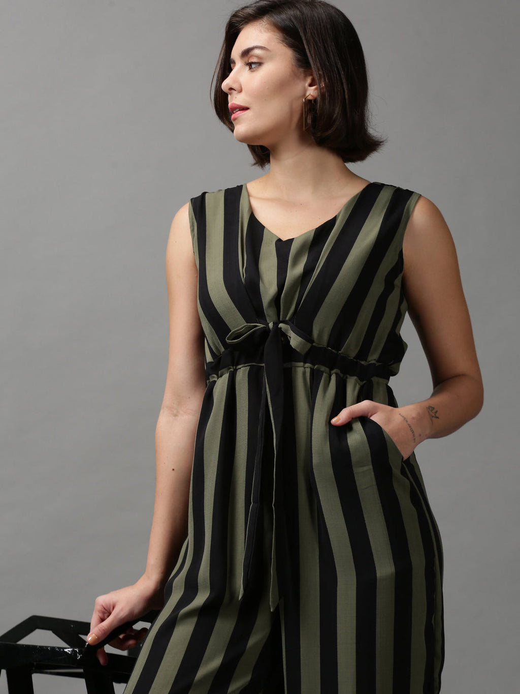 Women's Olive Striped Basic Jumpsuit