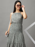 Women's Olive Off Layered Georgette Fit & Flare Dress