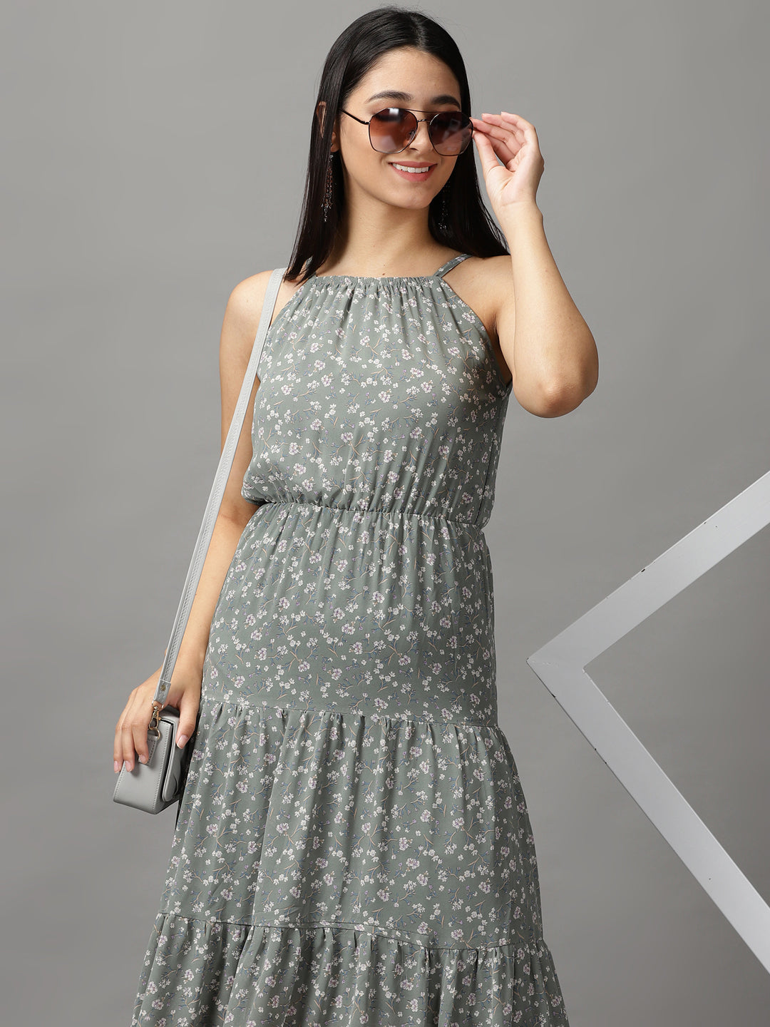 Women's Olive Off Layered Georgette Fit & Flare Dress