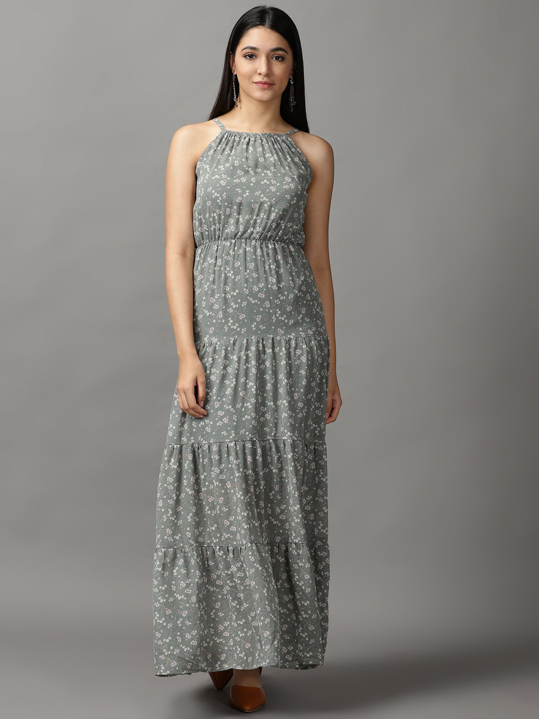 Women's Olive Off Layered Georgette Fit & Flare Dress