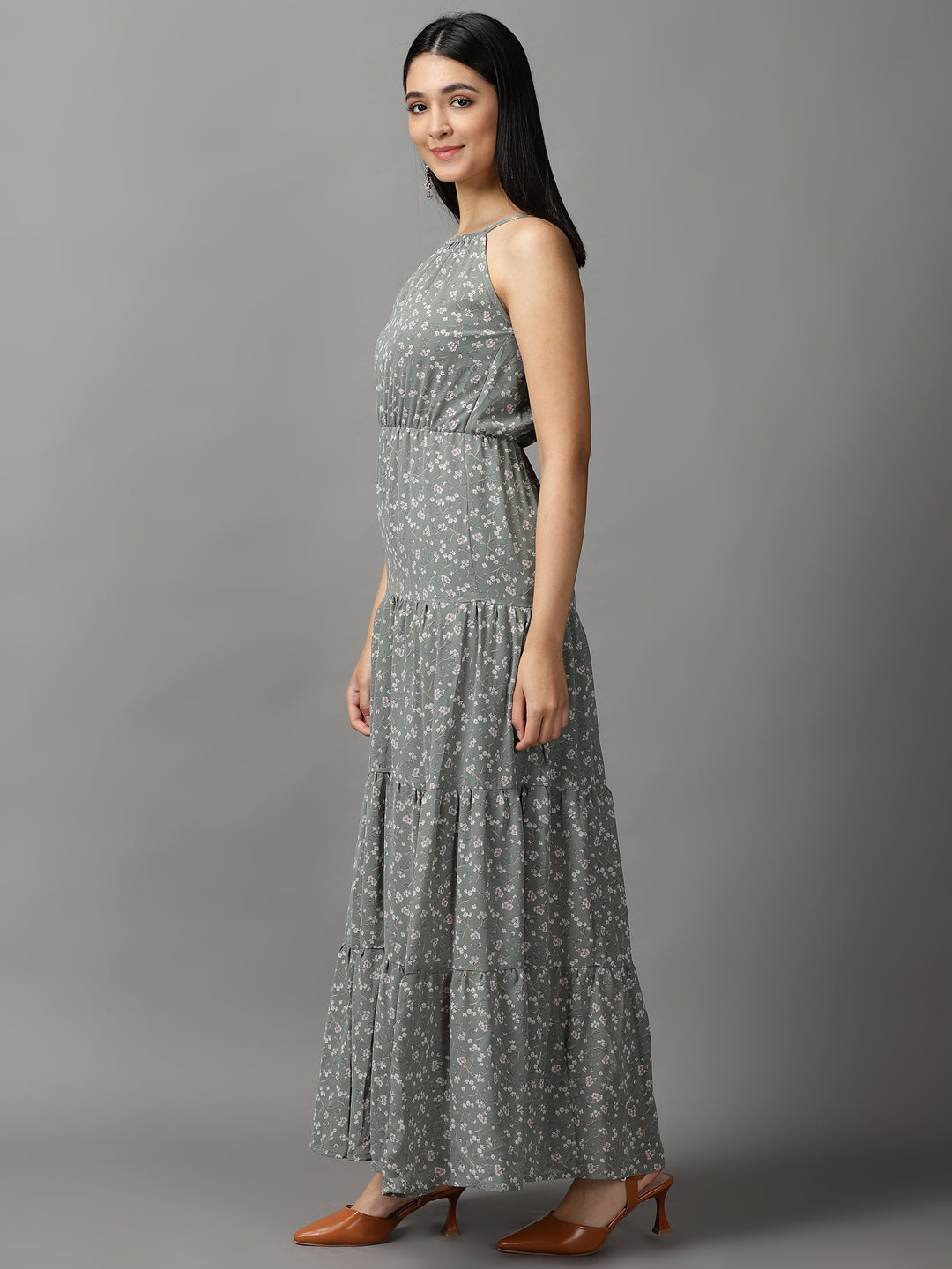 Women's Olive Off Layered Georgette Fit & Flare Dress