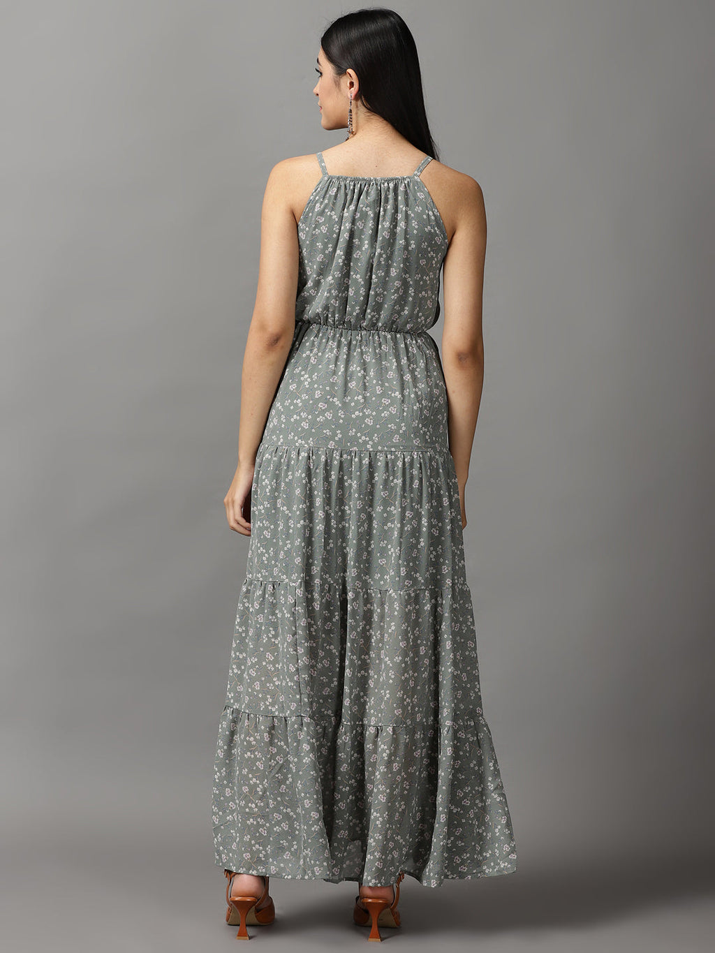 Women's Olive Off Layered Georgette Fit & Flare Dress