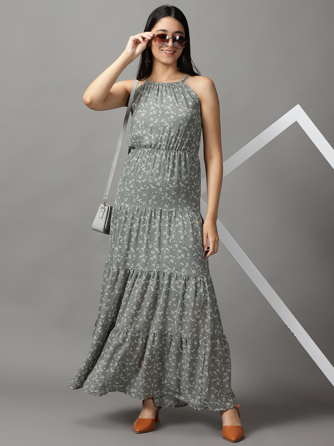 Women's Olive Off Layered Georgette Fit & Flare Dress