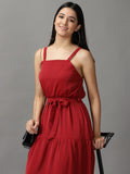 Women's Maroon Shoulder Straps Fit & Flare Dress