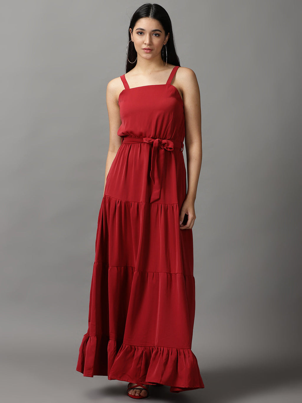 Women's Maroon Shoulder Straps Fit & Flare Dress