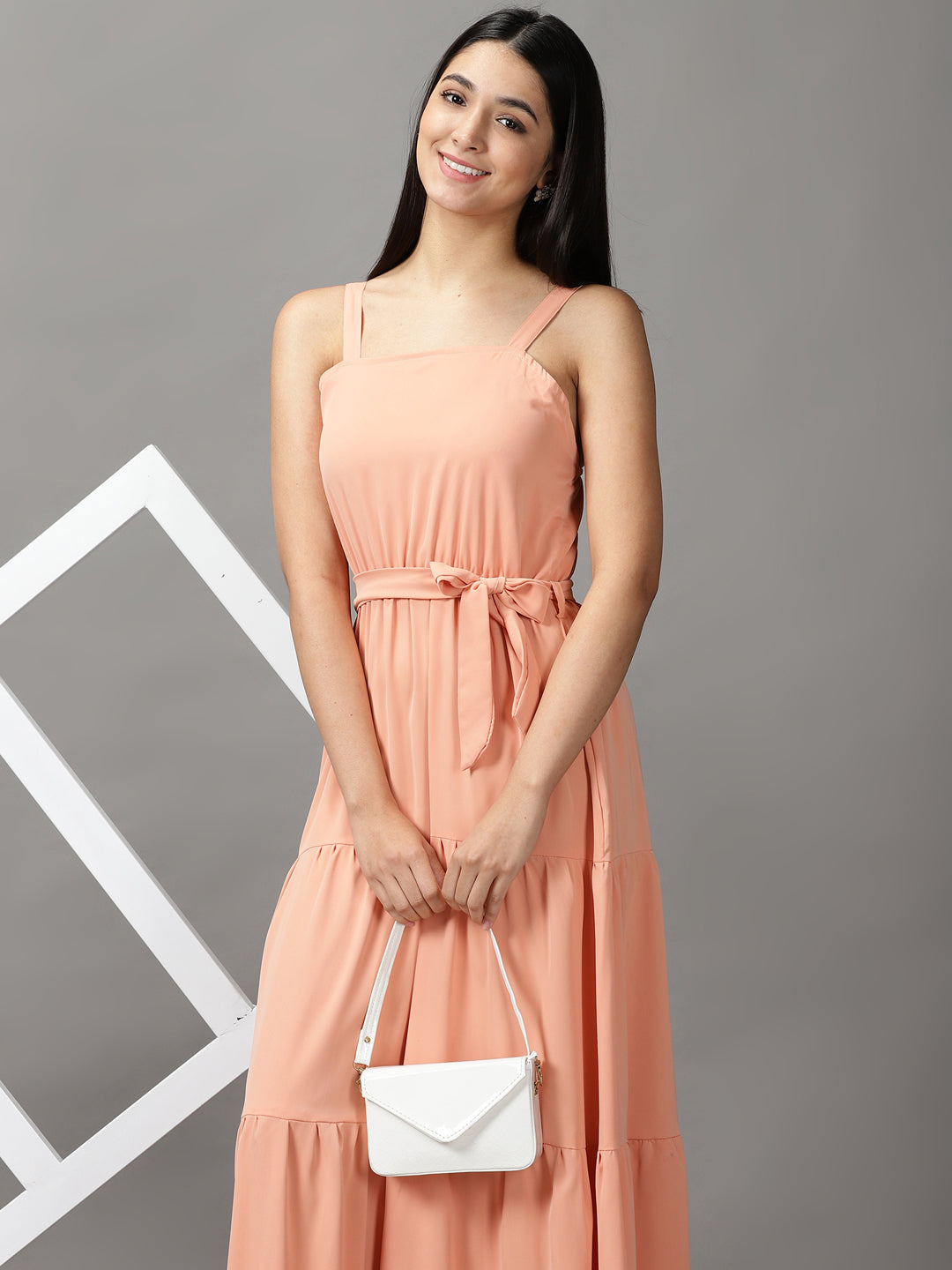 Women's Peach Shoulder Straps Fit & Flare Maxi Dress