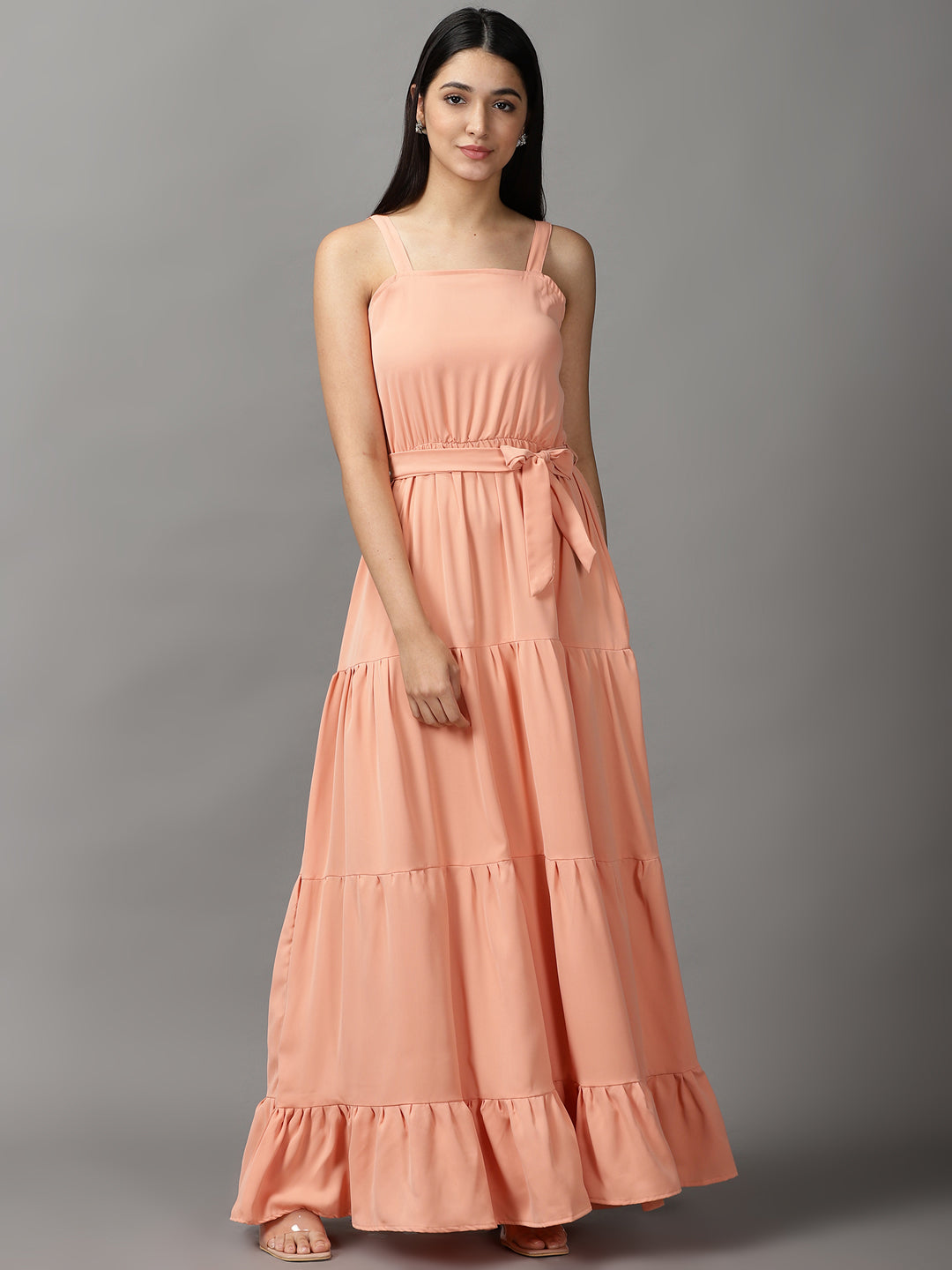 Women's Peach Shoulder Straps Fit & Flare Maxi Dress