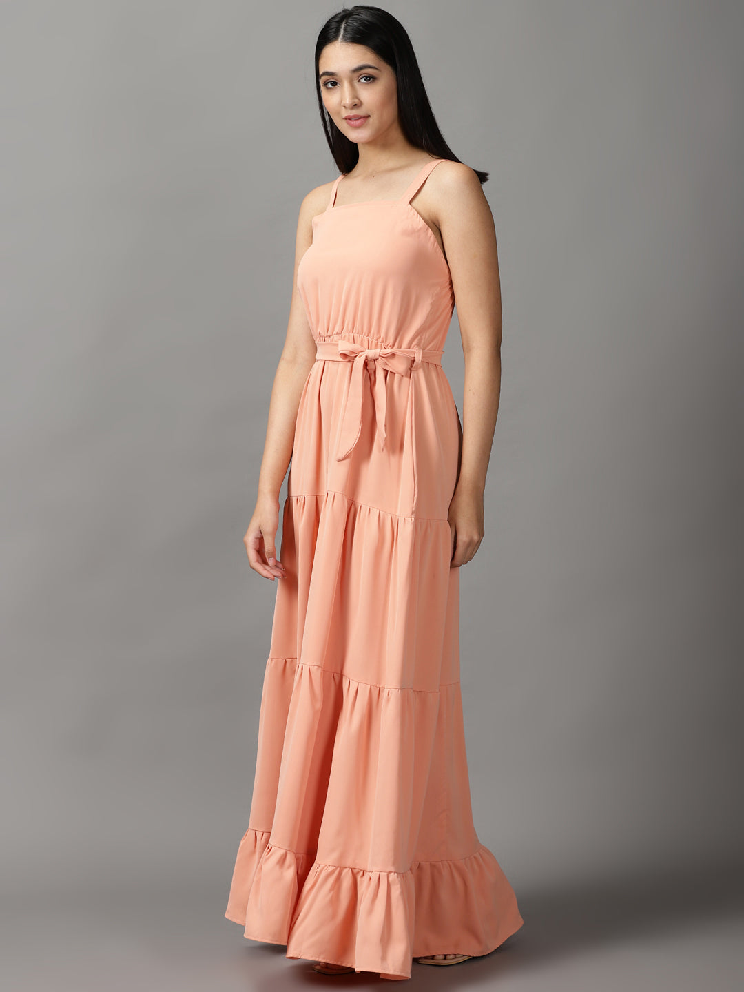 Women's Peach Shoulder Straps Fit & Flare Maxi Dress