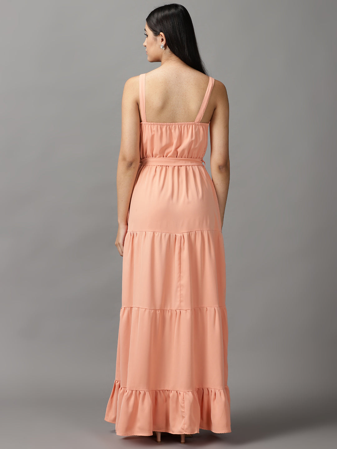Women's Peach Shoulder Straps Fit & Flare Maxi Dress
