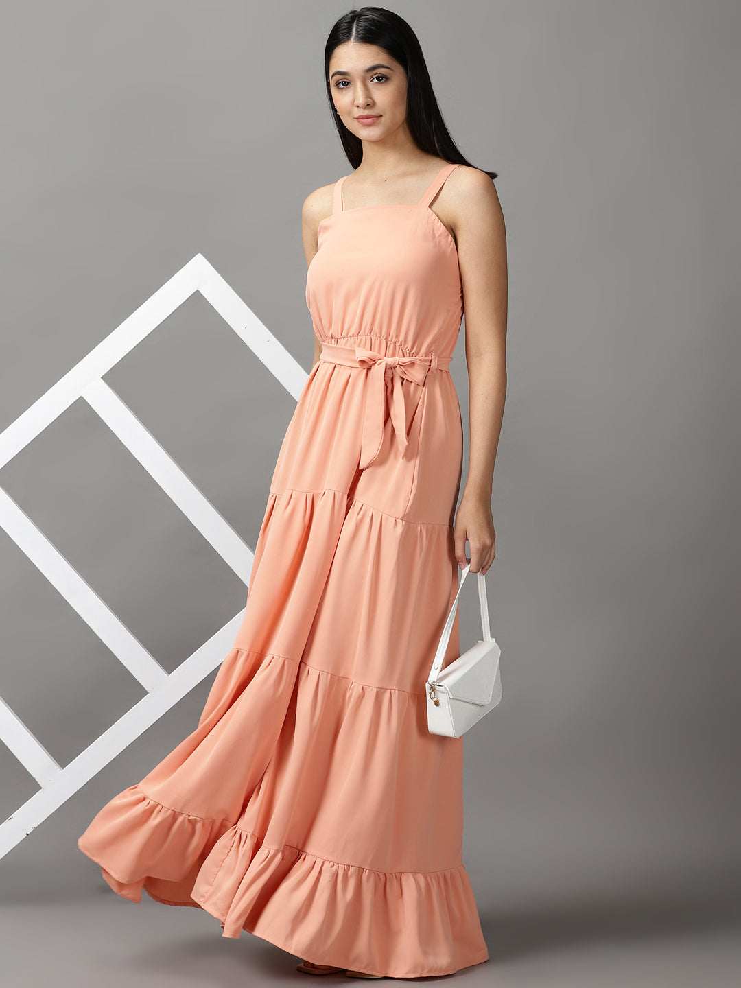 Women's Peach Shoulder Straps Fit & Flare Maxi Dress
