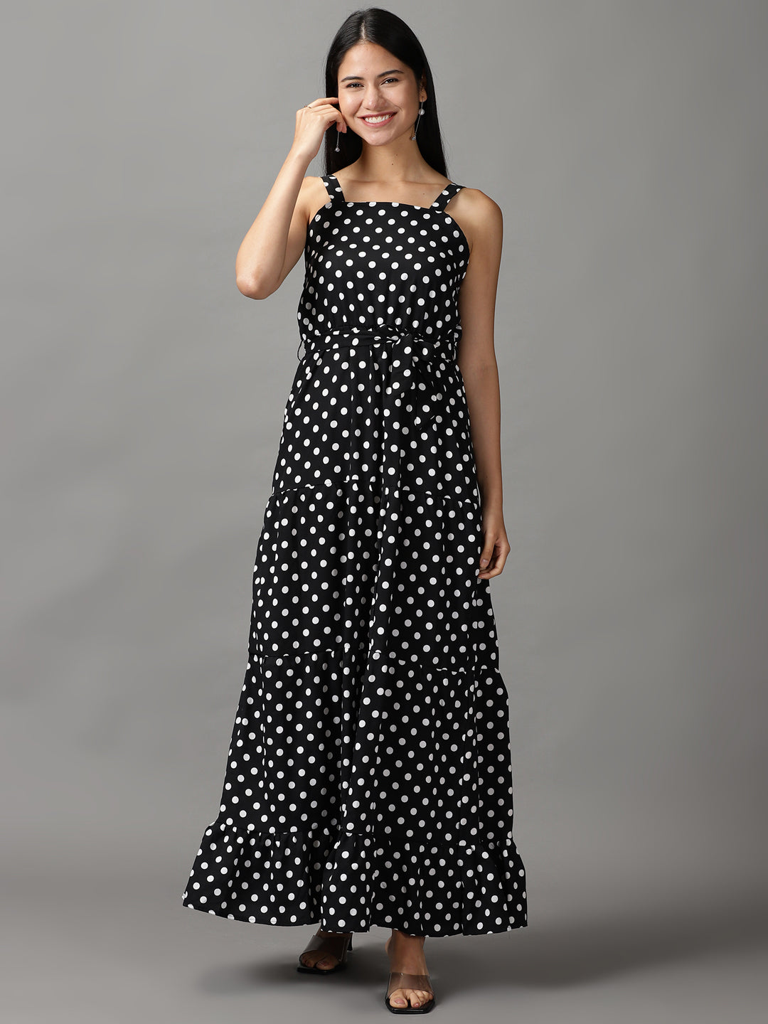 Women's Black Polka Dots Printed Fit and Flare Maxi Dress
