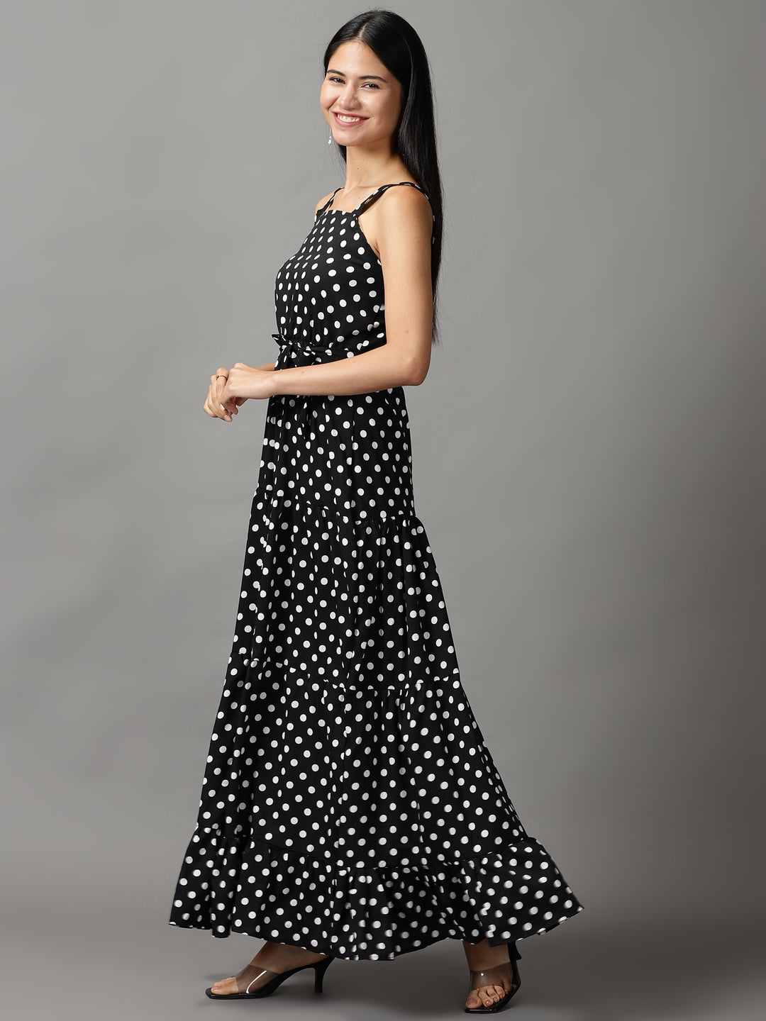 Women's Black Polka Dots Printed Fit and Flare Maxi Dress