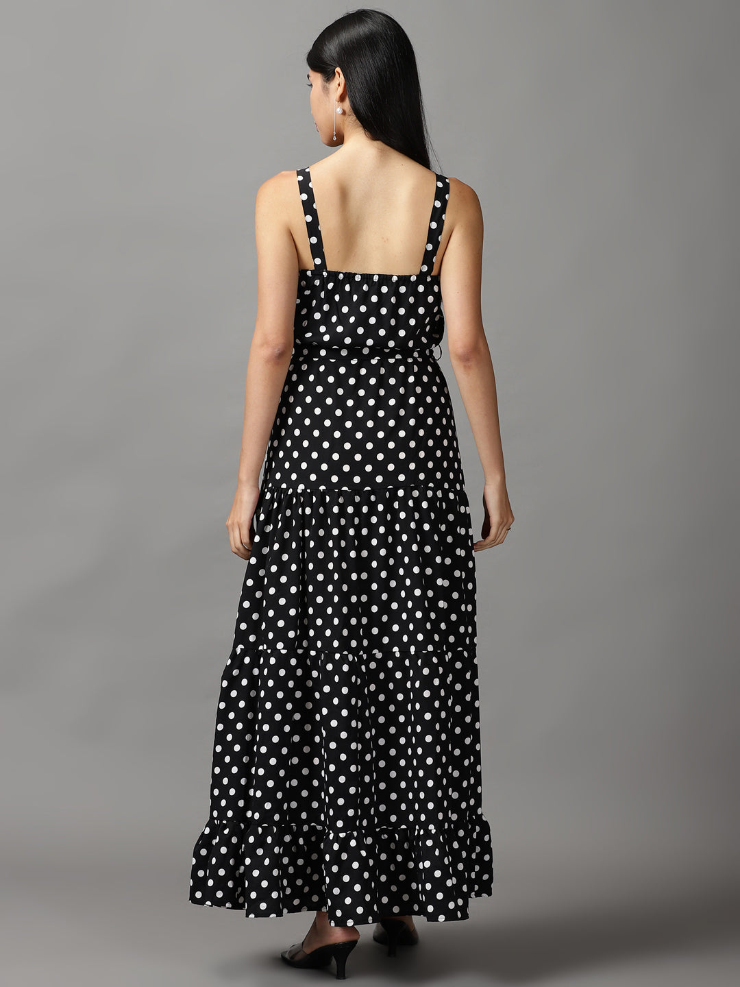 Women's Black Polka Dots Printed Fit and Flare Maxi Dress