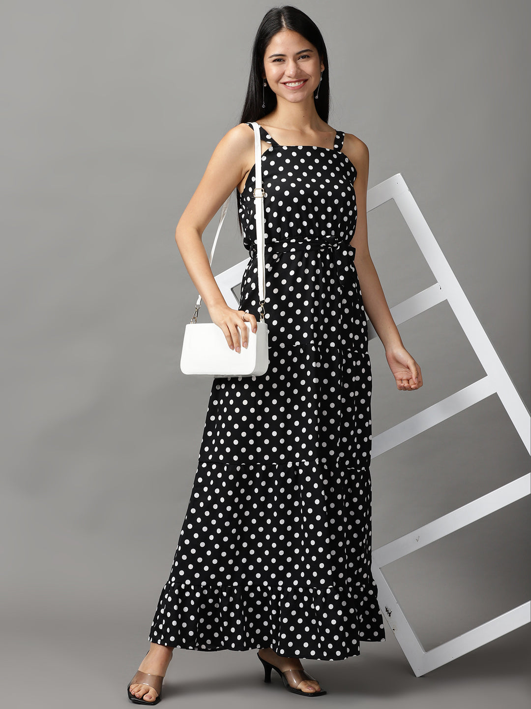 Women's Black Polka Dots Printed Fit and Flare Maxi Dress