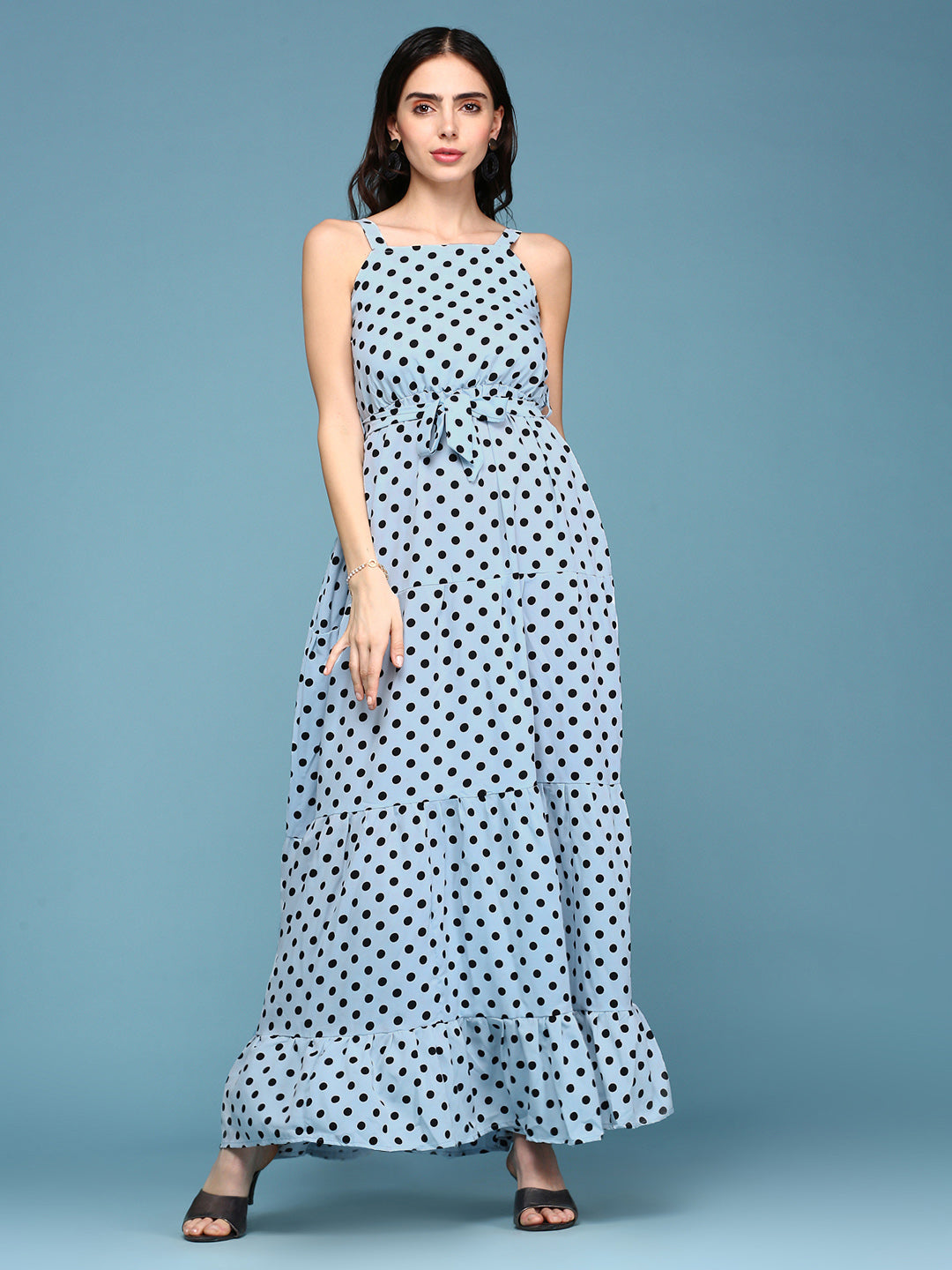 Women's Blue Polka Dots Printed Fit and Flare Maxi Dress