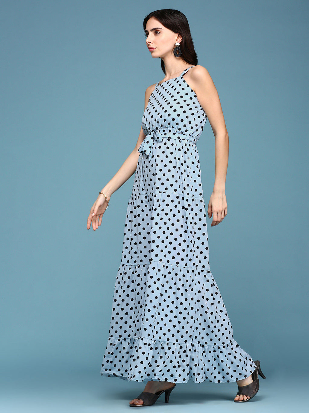 Women's Blue Polka Dots Printed Fit and Flare Maxi Dress