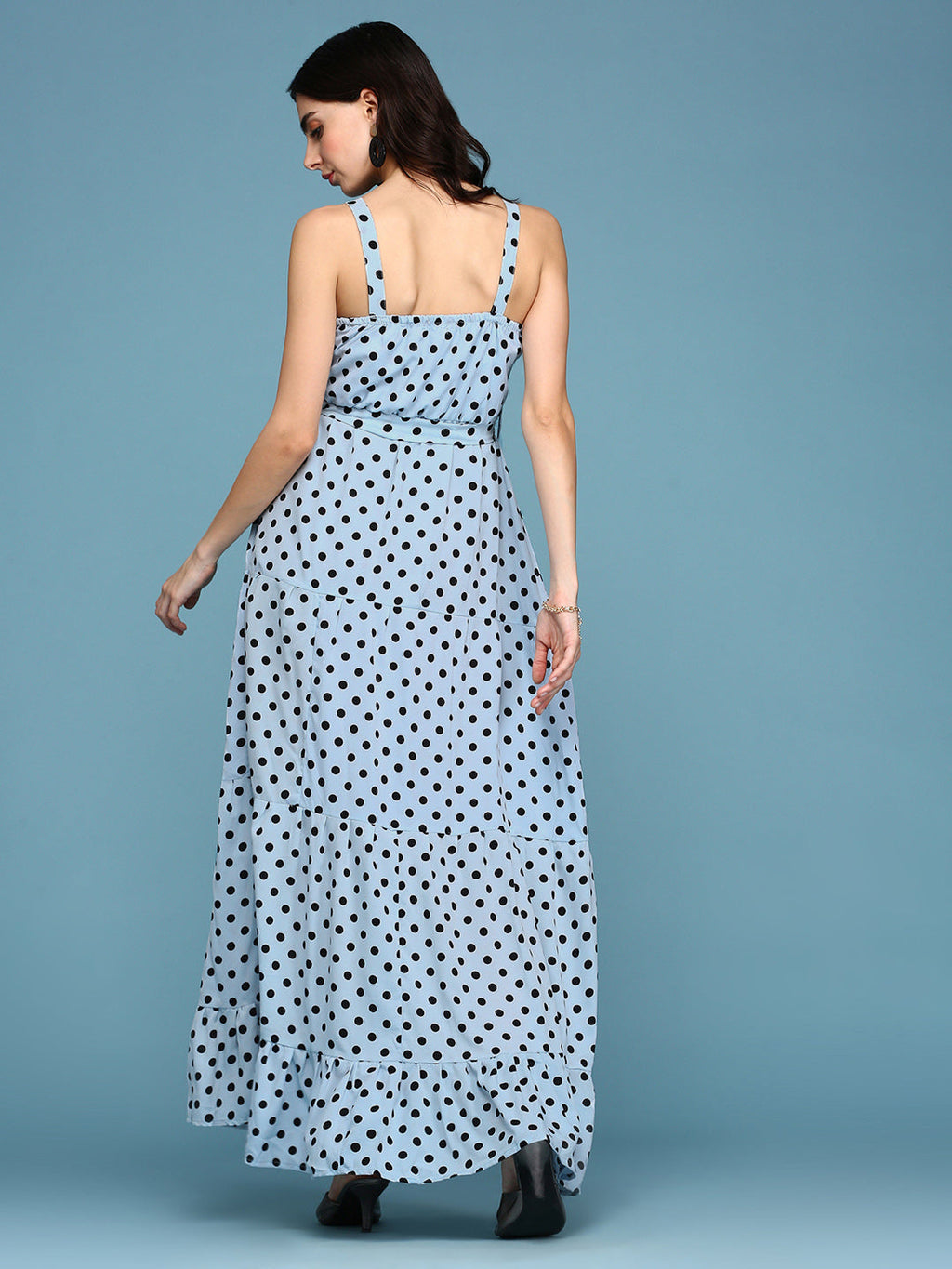 Women's Blue Polka Dots Printed Fit and Flare Maxi Dress