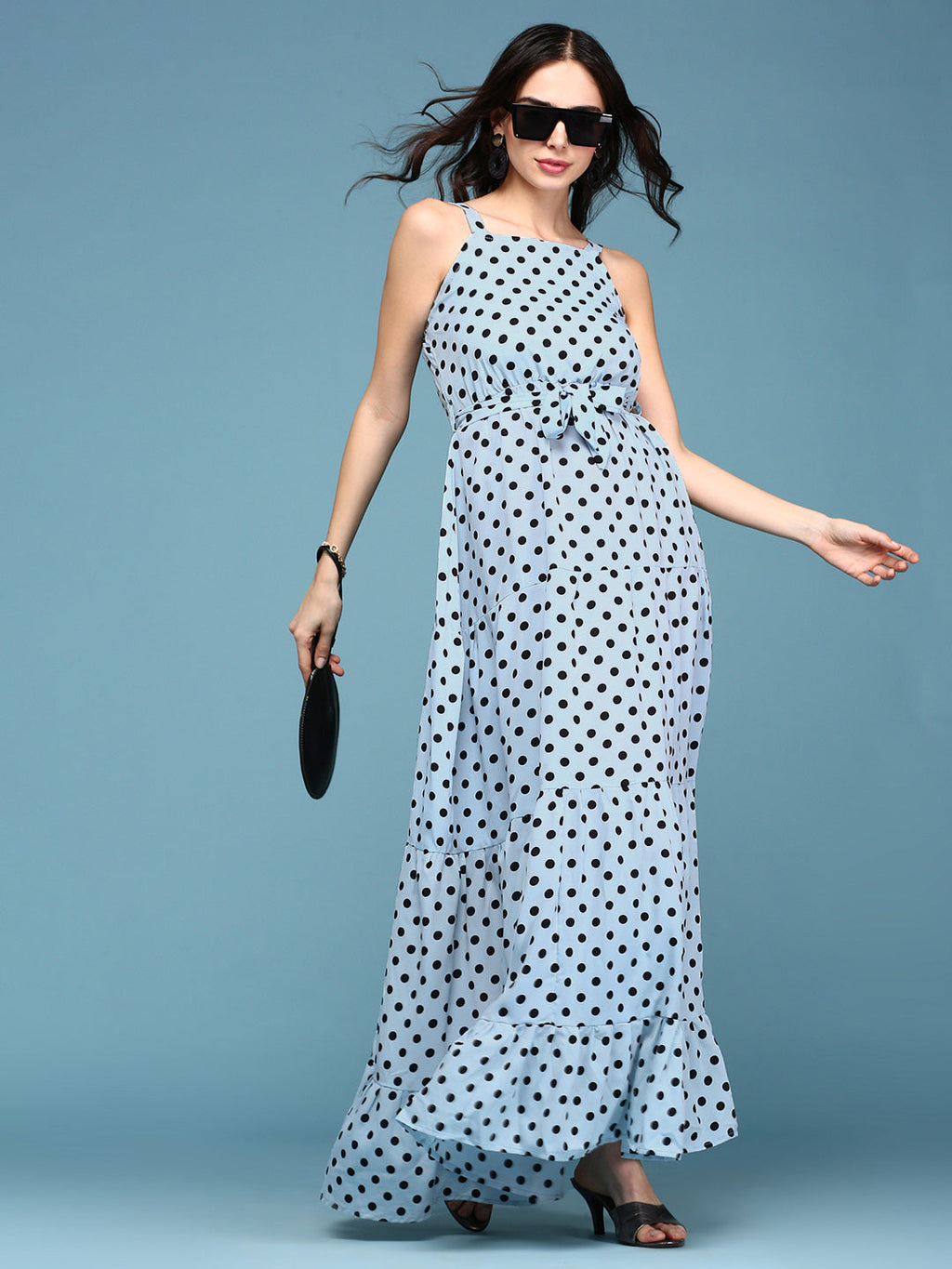 Women's Blue Polka Dots Printed Fit and Flare Maxi Dress