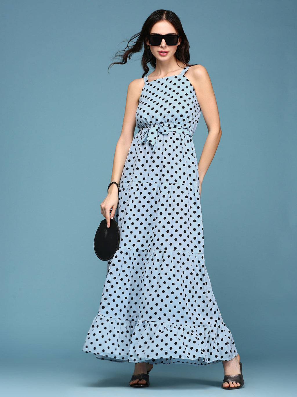 Women's Blue Polka Dots Printed Fit and Flare Maxi Dress