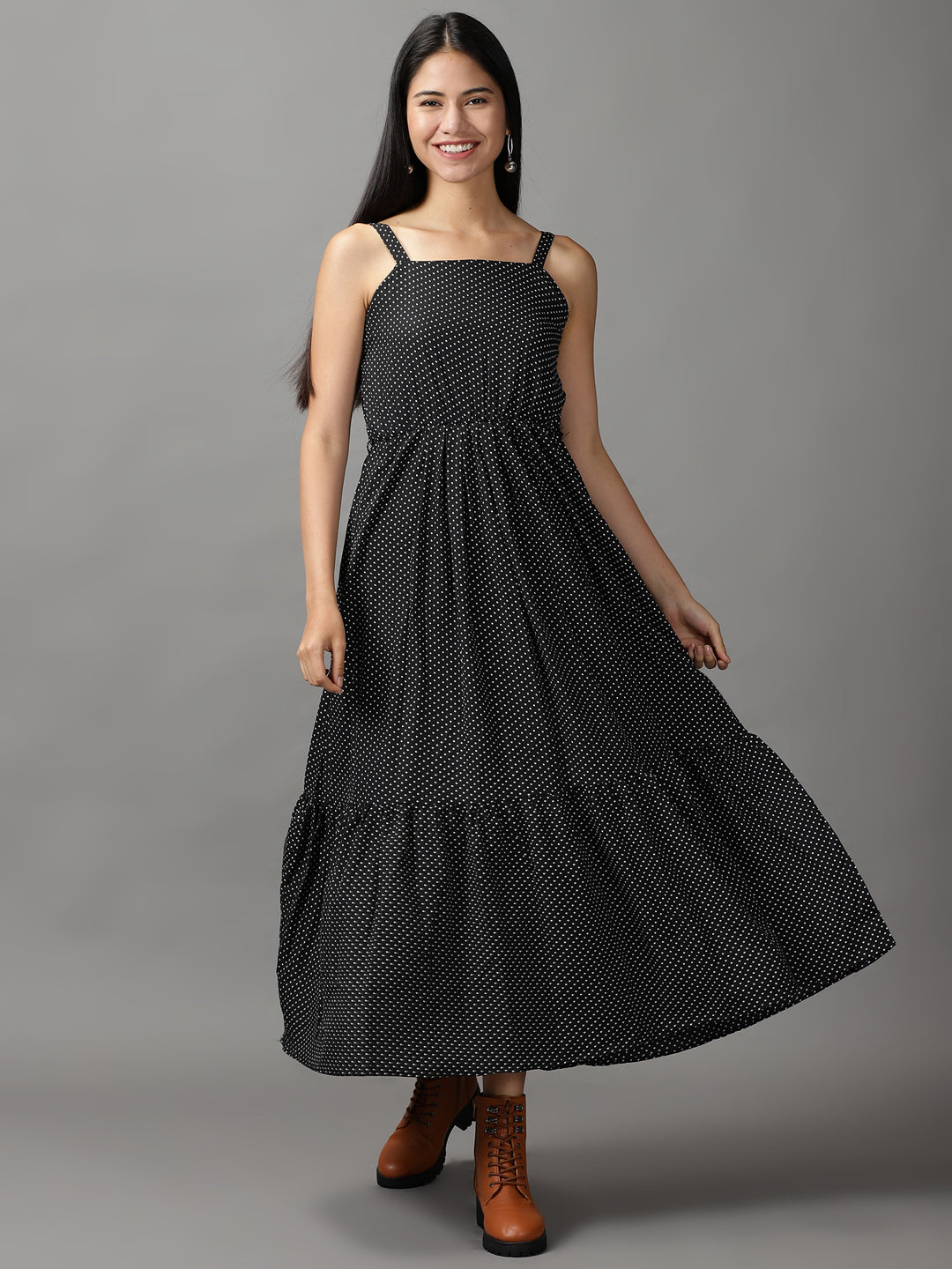 Women's Black Polka Dots Fit & Flare Dress