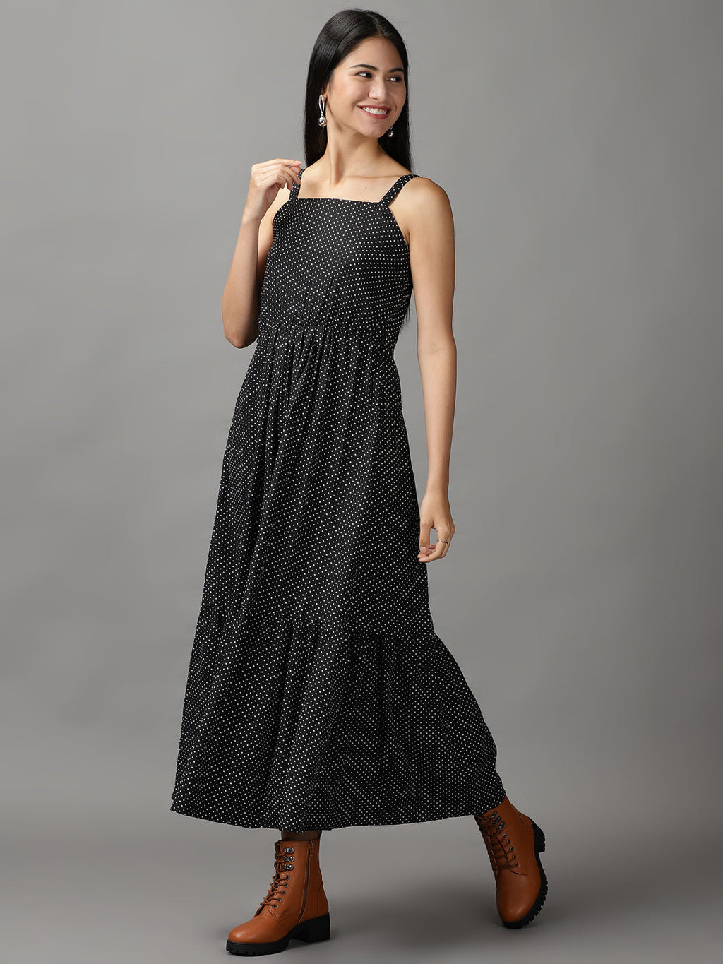 Women's Black Polka Dots Fit & Flare Dress