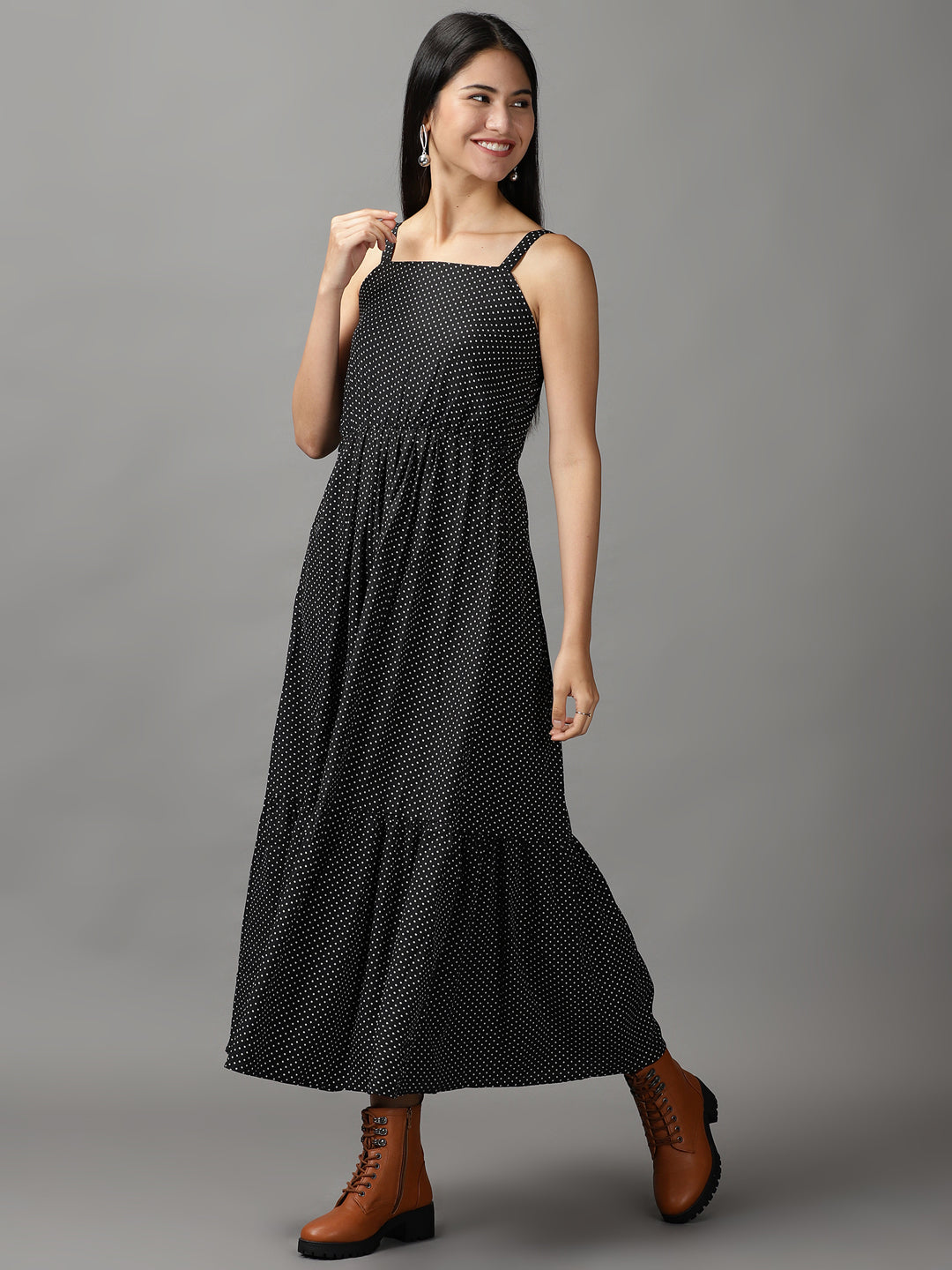 Women's Black Polka Dots Fit & Flare Dress