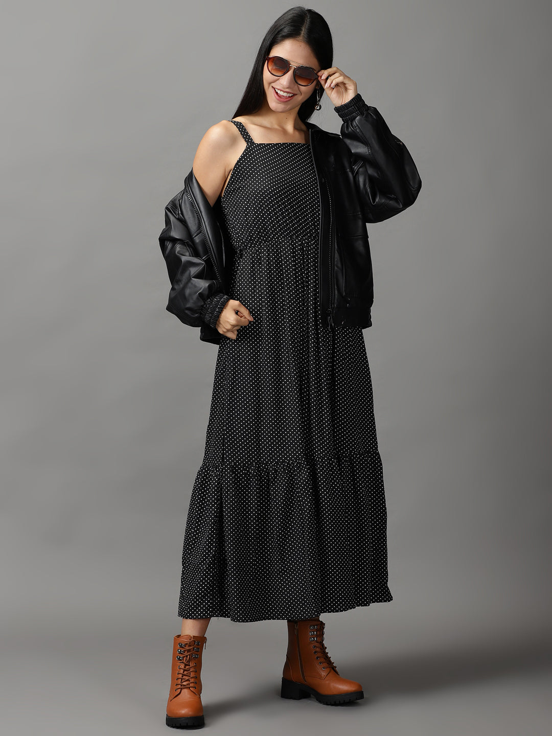 Women's Black Polka Dots Fit & Flare Dress