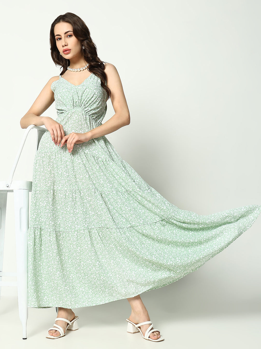 Women's Green Crepe Empire Dress