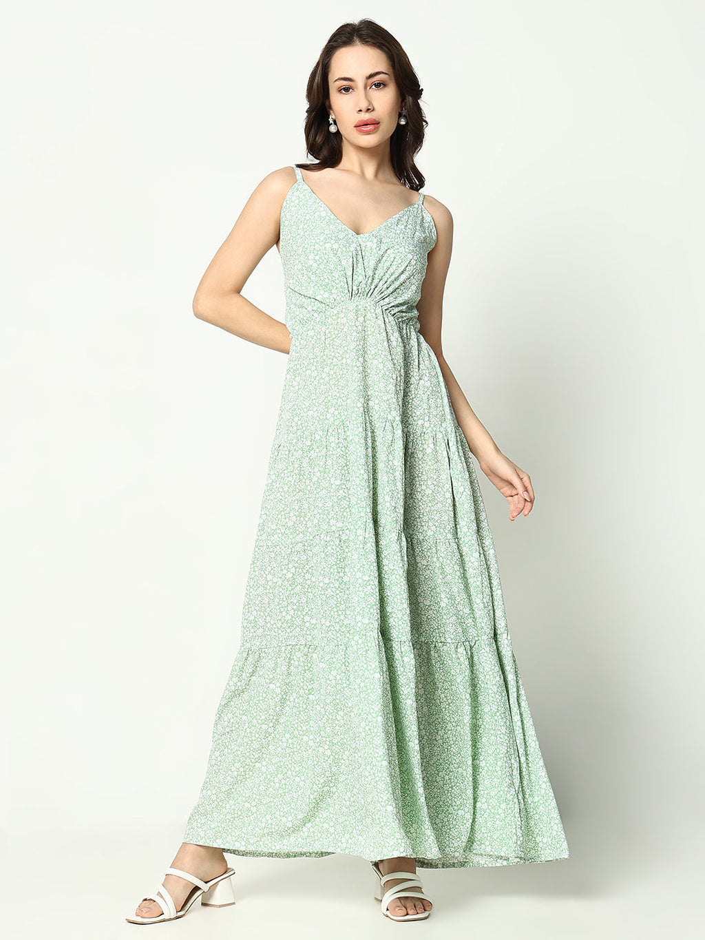 Women's Green Crepe Empire Dress