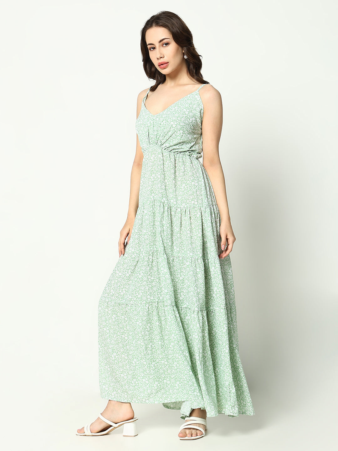 Women's Green Crepe Empire Dress