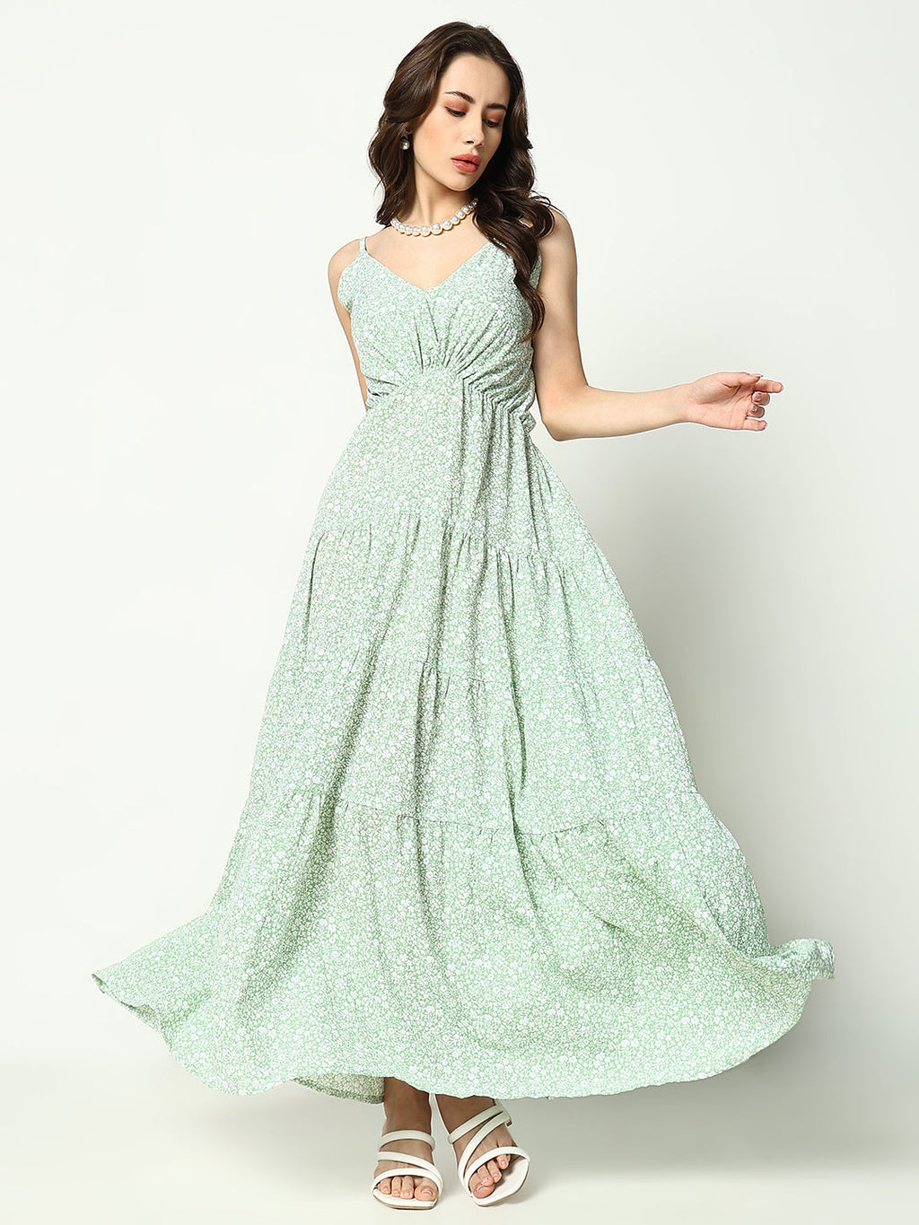 Women's Green Crepe Empire Dress