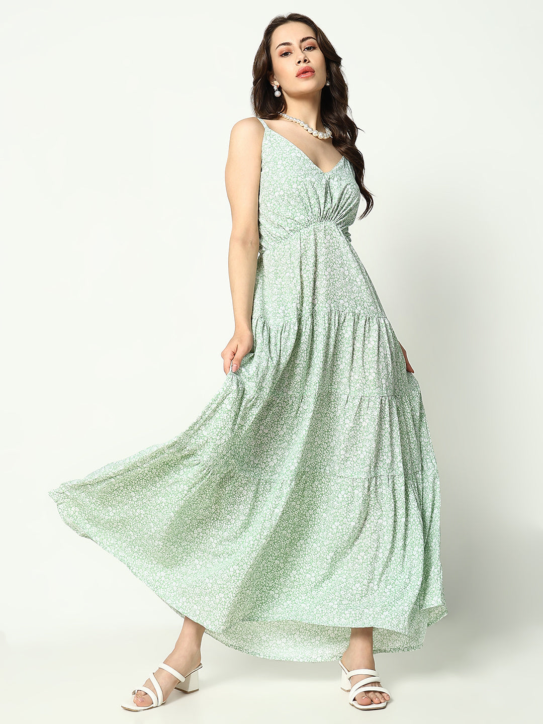 Women's Green Crepe Empire Dress