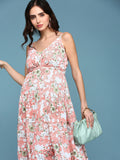 Women's Pink Floral V-Neck Crepe Maxi Dress
