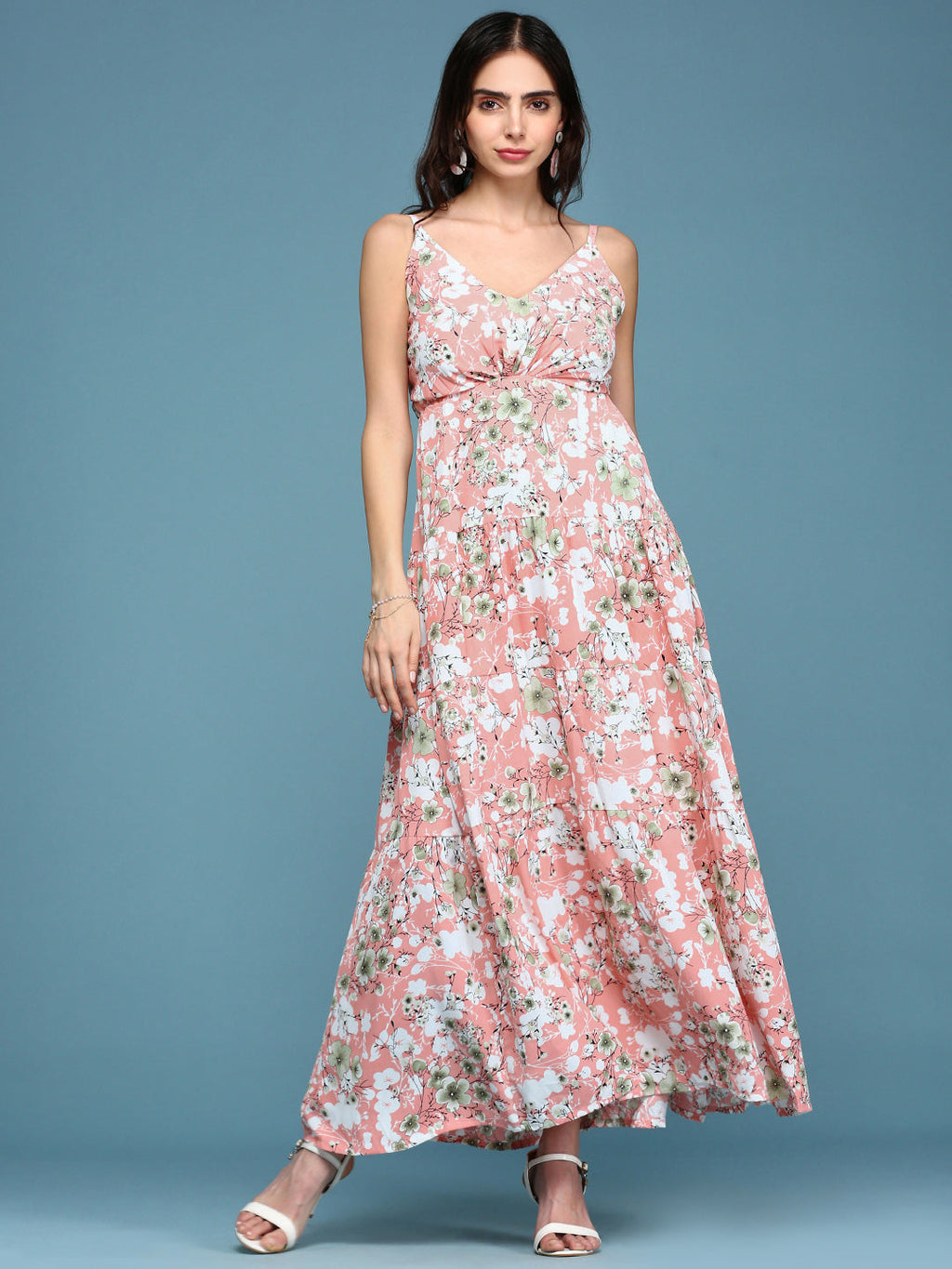 Women's Pink Floral V-Neck Crepe Maxi Dress