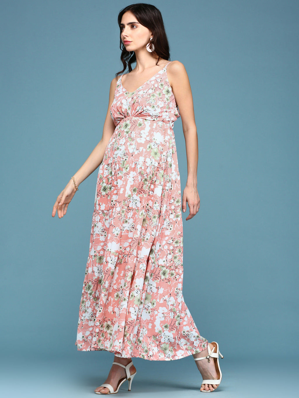 Women's Pink Floral V-Neck Crepe Maxi Dress