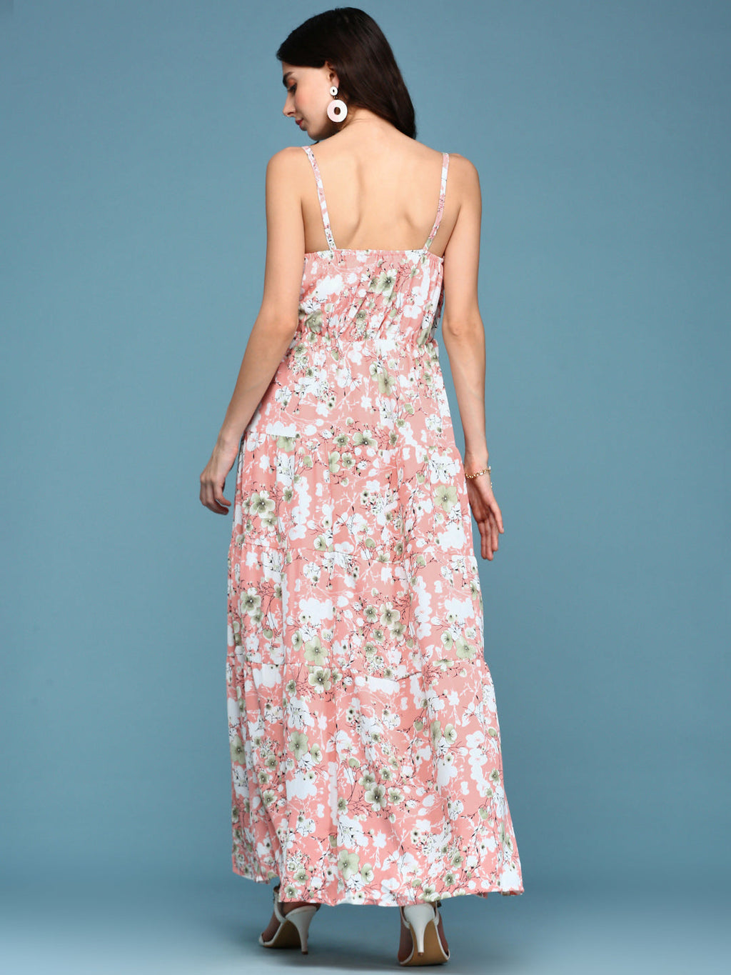 Women's Pink Floral V-Neck Crepe Maxi Dress