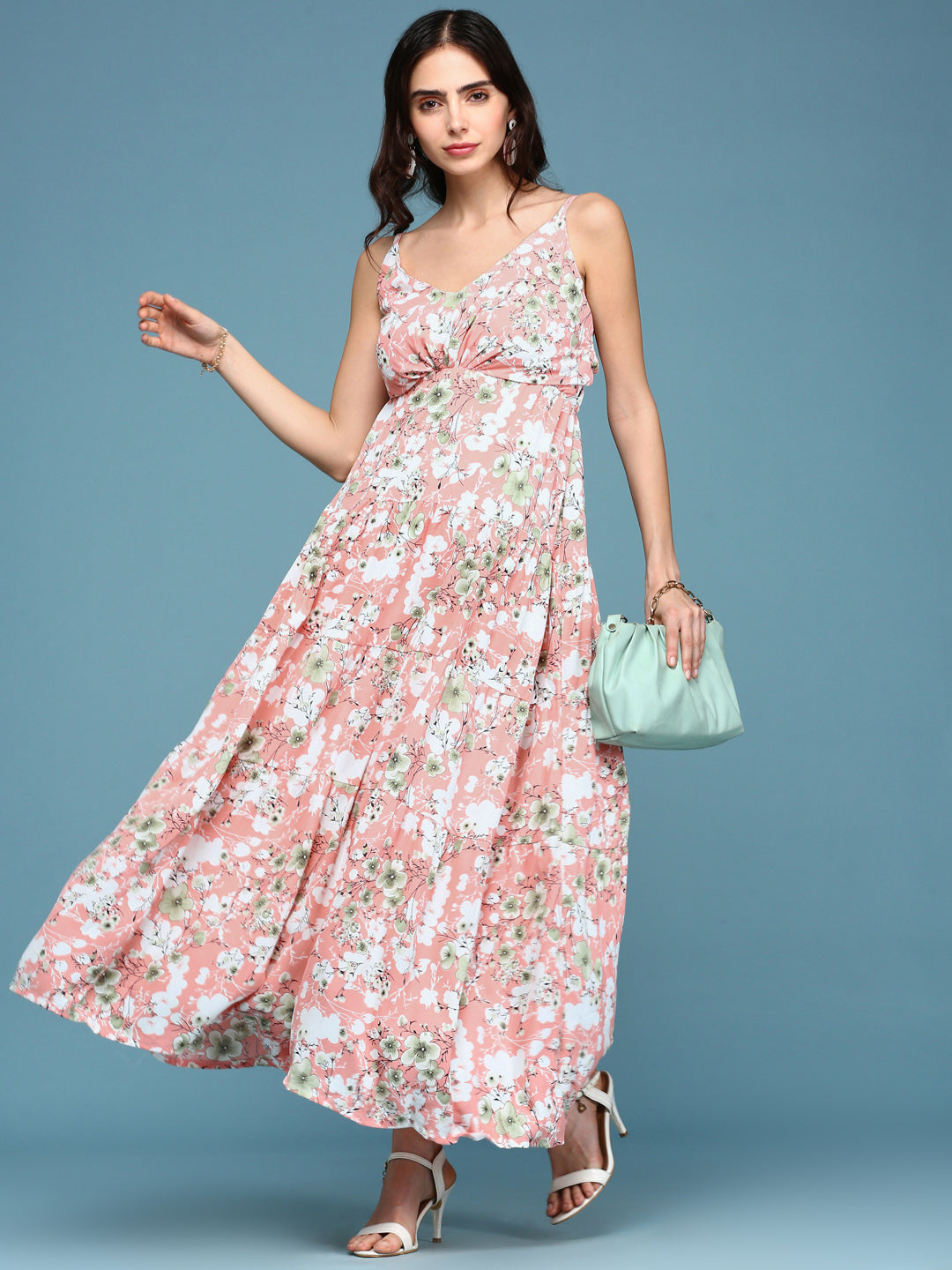 Women's Pink Floral V-Neck Crepe Maxi Dress