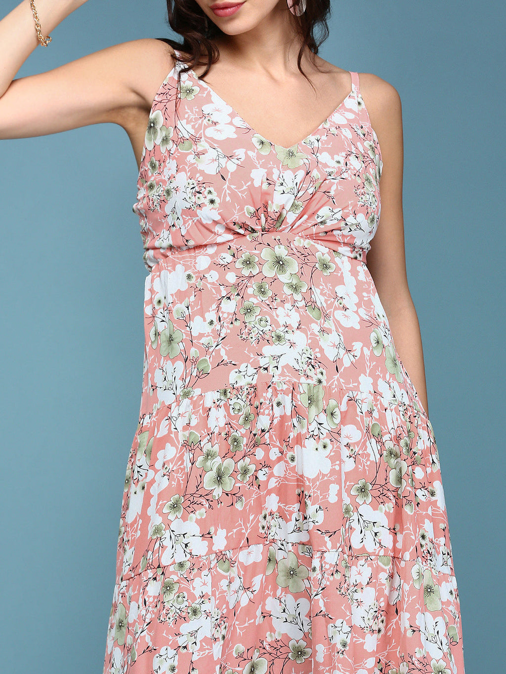 Women's Pink Floral V-Neck Crepe Maxi Dress