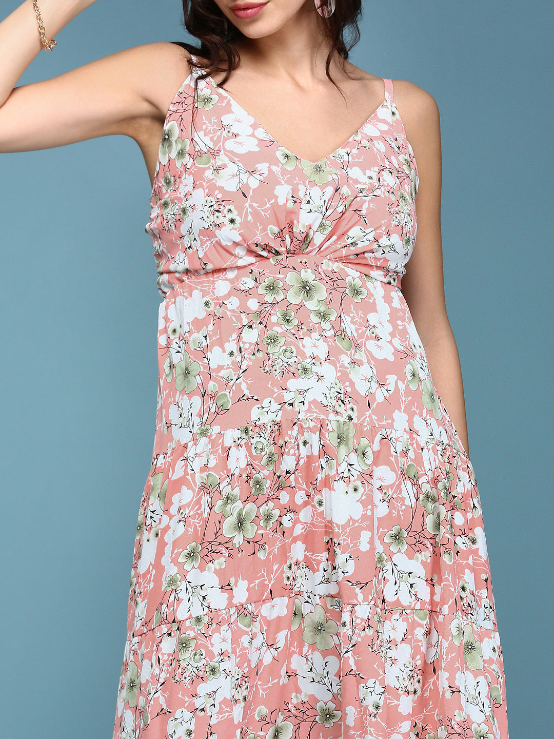 Women's Pink Floral V-Neck Crepe Maxi Dress