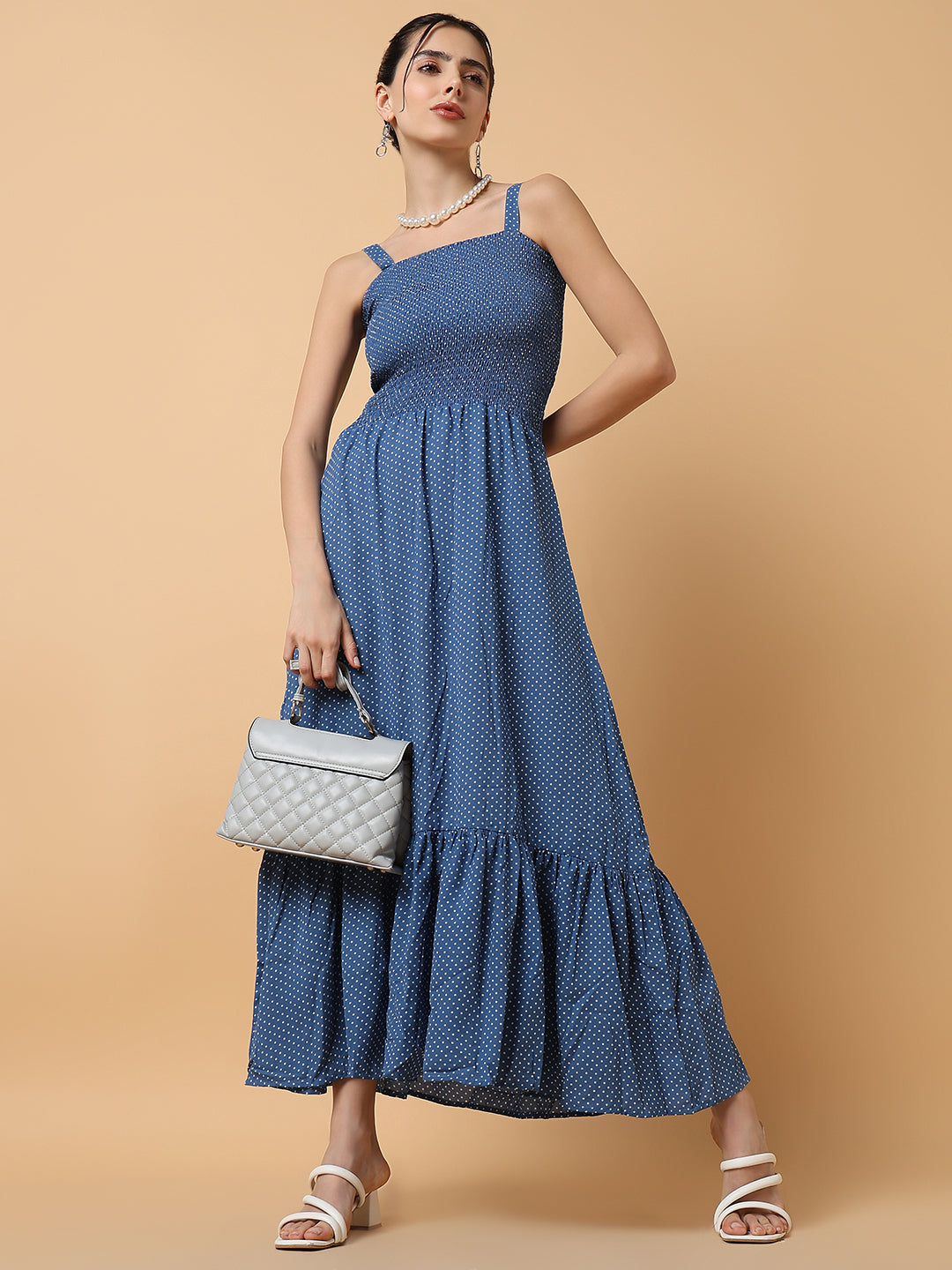 Women's Blue Polka Dots Fit & Flare Midi Dress