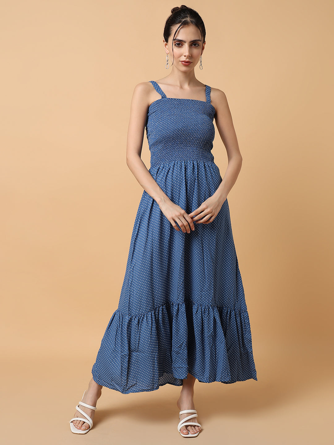 Women's Blue Polka Dots Fit & Flare Midi Dress